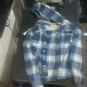 , blue plaid long-sleeve hooded Hollister shirt